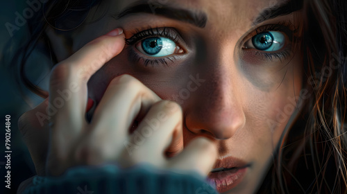 Frau mit ängstlichem Gesichtsausdruck hält sich die Hand vor den Mund photo