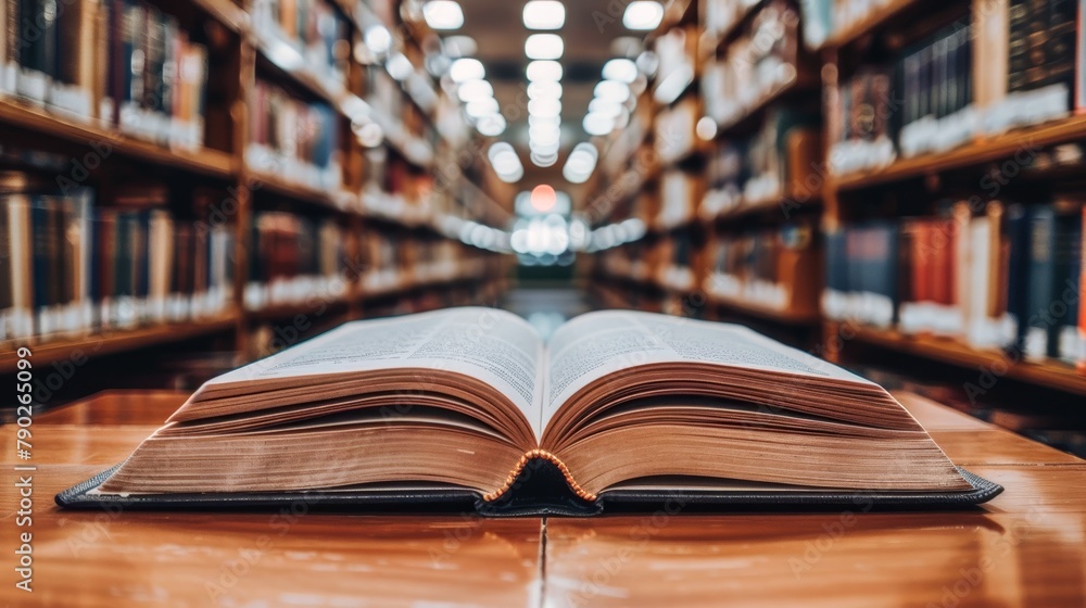 Fototapeta premium Open book, blur library background, World book day, school and education concept