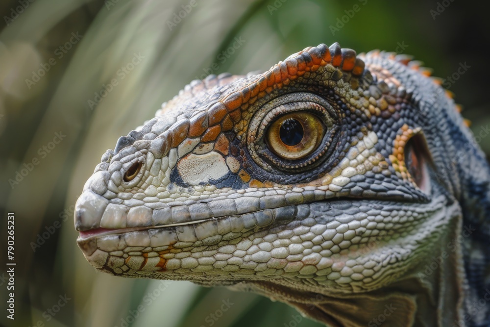 Fototapeta premium The powerful and direct gaze of a dinosaur against a blurred green background, capturing its enigmatic and mighty essence