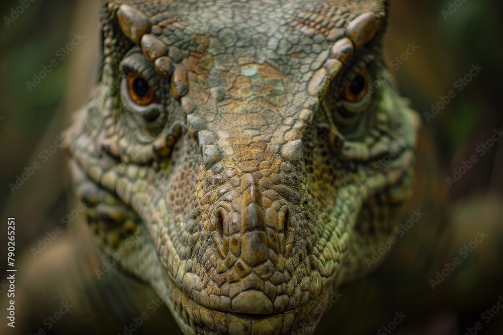 Direct frontal view capturing the detailed texture and patterns on the skin of a reptilian creature resembling a dinosaur Direct frontal view capturing the detailed texture and patterns on the skin of a reptilian creature resembling a dinosaur
