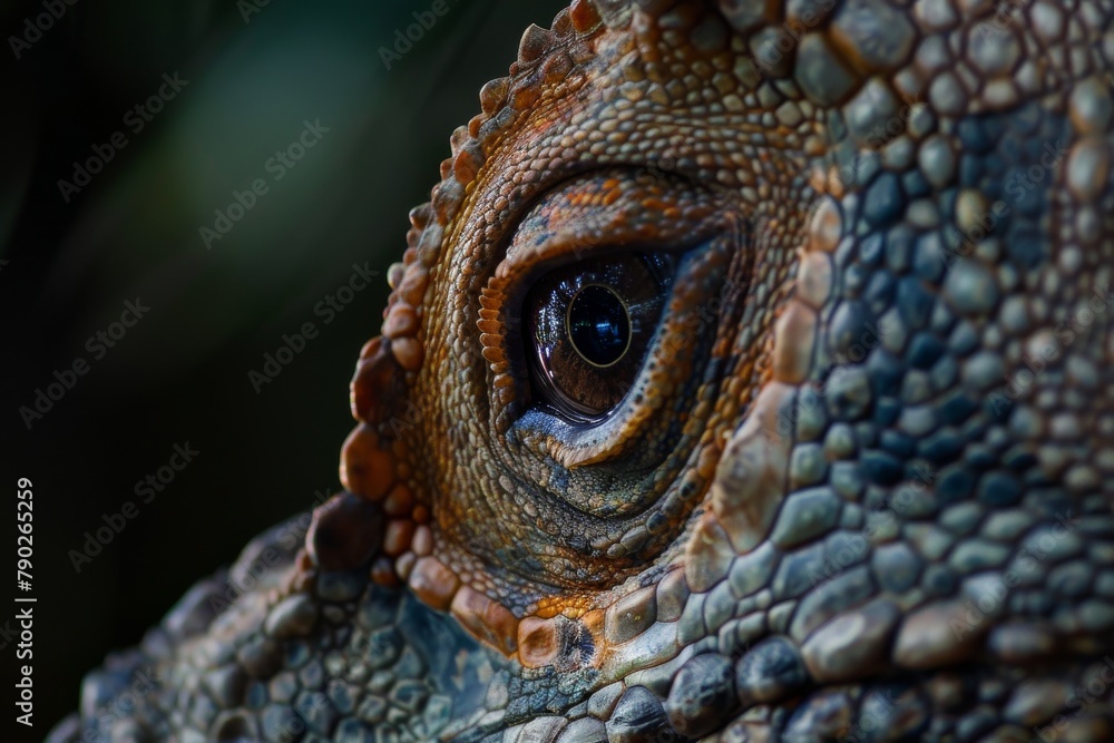 Fototapeta premium Close-up shot of a reptile eye, capturing the vibrant colors and textured scales around it with great detail