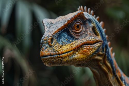 An eye-catching side profile image of a colorful dinosaur head  exhibiting intricate texturing and vibrant skin tones