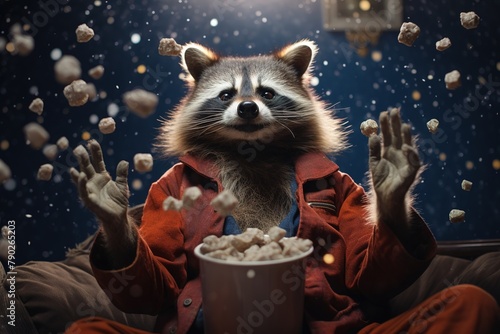 raccoon playing indoors with the moon and popping pills to look like humans. Ai generated