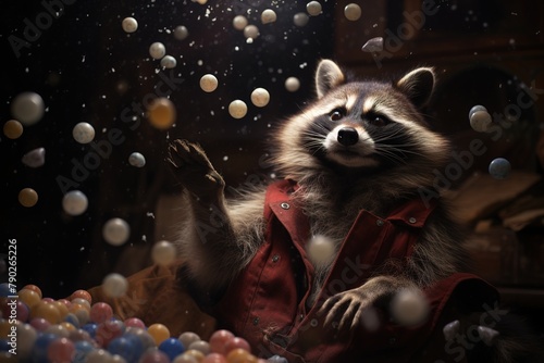 raccoon playing indoors with the moon and popping pills to look like humans. Ai generated