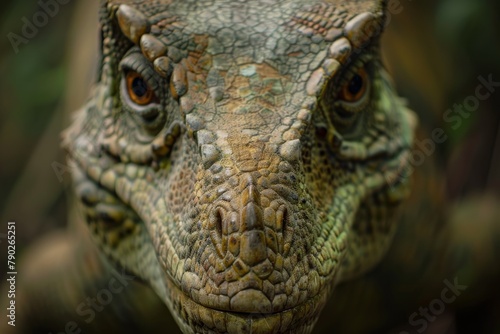 Direct frontal view capturing the detailed texture and patterns on the skin of a reptilian creature resembling a dinosaur © ChaoticMind