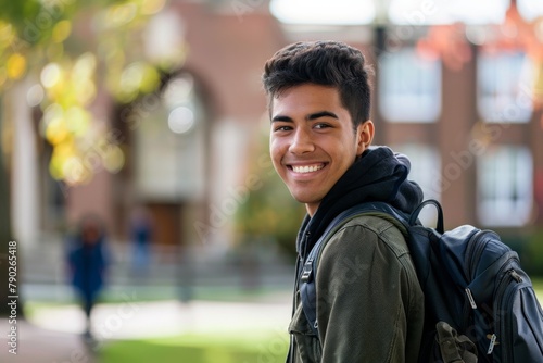Young male college student with a big smile carrying a backpack on a campus, symbolizing education and youth