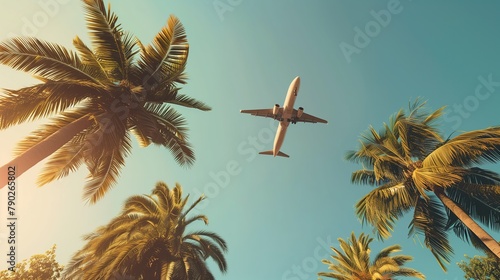 A serene scene of an airplane flying high above a tranquil oasis of palm trees, against a backdrop of a clear, azure sky tinged with the warm glow of sunset © anupdebnath