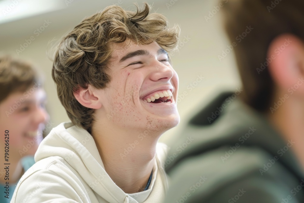 A teenage boy with curly hair laughs heartily in a classroom setting A teenage boy with curly hair laughs heartily in a classroom setting