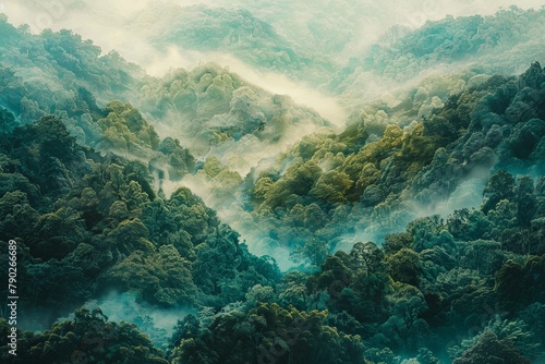 A serene aerial view of dense forest enveloped by ethereal mist  highlighting the beauty of nature s tranquility.