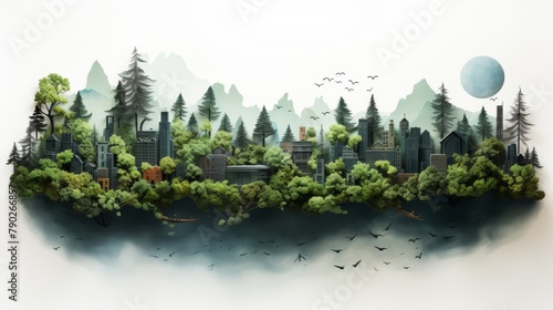 A watercolor painting of a city in the middle of a forest.