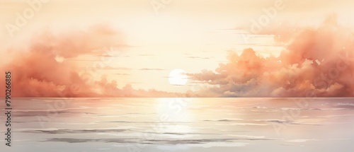 A watercolor painting of a calm ocean at sunset with a large white cloud in the foreground and a pink sky. photo