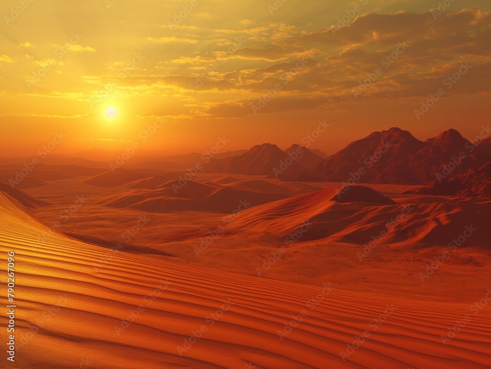 A desert landscape with a sun setting in the background. The sky is filled with clouds, and the sun is setting behind the mountains. The scene is serene and peaceful