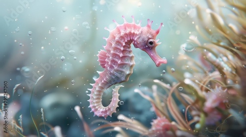 small pink seahorse in on a background of corals and algae