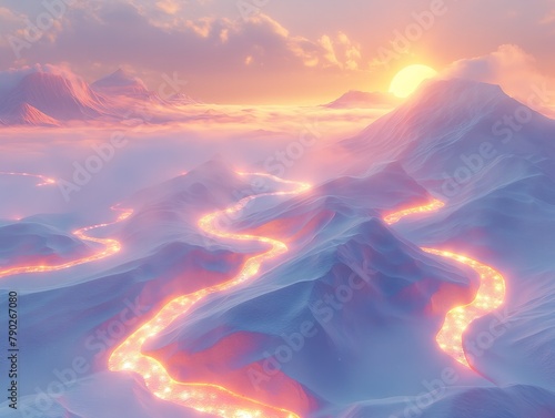 A mountain range with a river flowing through it. The sun is setting in the background, casting a warm glow over the scene. The mountains are covered in snow