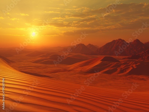 A desert landscape with a sun setting in the background. The sky is filled with clouds  and the sun is setting behind the mountains. The scene is serene and peaceful