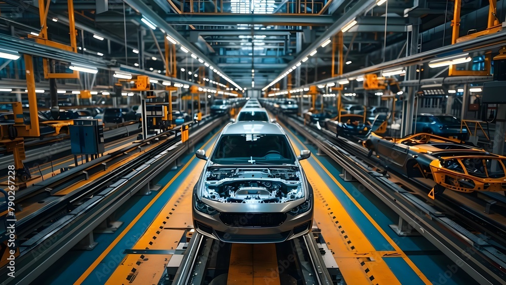 Precision Assembly: The Rhythmic Progression of Cars. Concept Car Manufacturing, Automation in Production, Quality Control, Lean Manufacturing, Assembly Line Efficiency