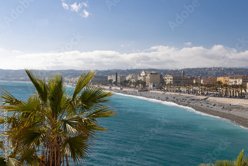 Panoramic view of beach and seafront in Nice. Cote D'Azur, France. photo