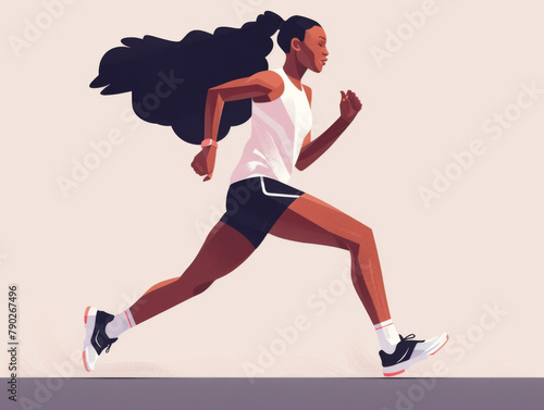 An illustration of an athletic woman running with determination, depicted in a stylized outdoor setting.