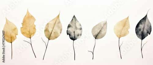 A row of watercolor leaves with varying degrees of yellow, brown, and gray.