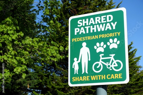 Sign reading Shared Pathway, Pedestrian Priority, Share With Care