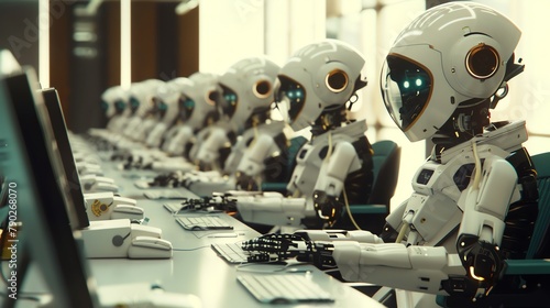 Imagine a dystopian future where unemployed humans sit idle while robots take over all the jobs, including sitting at desks in corporate offices photo