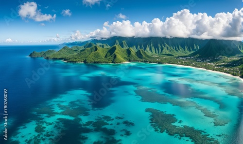 Beautiful tropical island with clear blue water and white clouds in the sky