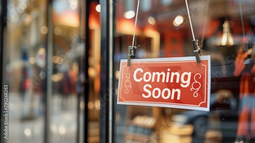 Red 'Coming Soon' Sign Hanging on a Glass Door of a Storefront