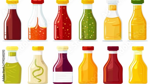 A modern cartoon set of different sauces isolated on white background. Ketchup, mayonnaise, mustard, hot chilli, cheese and soy seasoning in glass and plastic bottles.