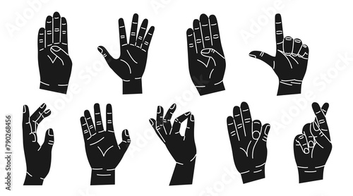 Set of black hands with different gestures. Modern trendy flat style. Hand drawn vector illustration. Hands show different signs and symbols. Body language for communication. On white background