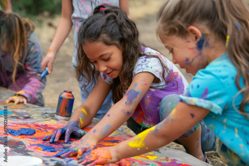 Fototapeta premium childrens day. A group of young girls are playing with paint on a table. Generative AI