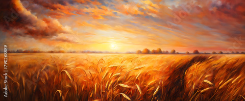 Oil painting of a breathtaking rural sunset scene with a golden ripe wheat field. Colorful rural landscape in the golden sunset lights. Summer landscape. © maxandrew