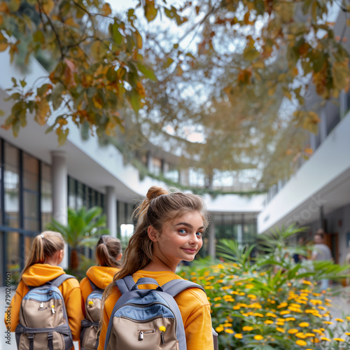 In the midst of back-to-school excitement, a group of young girls dressed in vibrant orange jackets and backpacks stroll down the hallway of a modern school. One of the girls smiles warmly, her gaze t