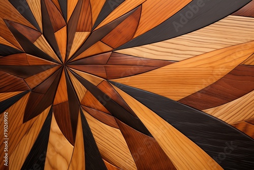 Closeup of a handcrafted marquetry walldisplaying fine craftsmanship with precise inlay work and richnatural wood tones. photo
