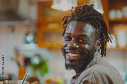 Wallpaper Mural Happy African chef with dreadlocks wearing an apron and smiling in a vibrant kitchen atmosphere Torontodigital.ca