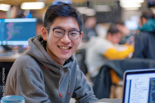 A bespectacled Asian student grins while working on his laptop in a lively college environment photo