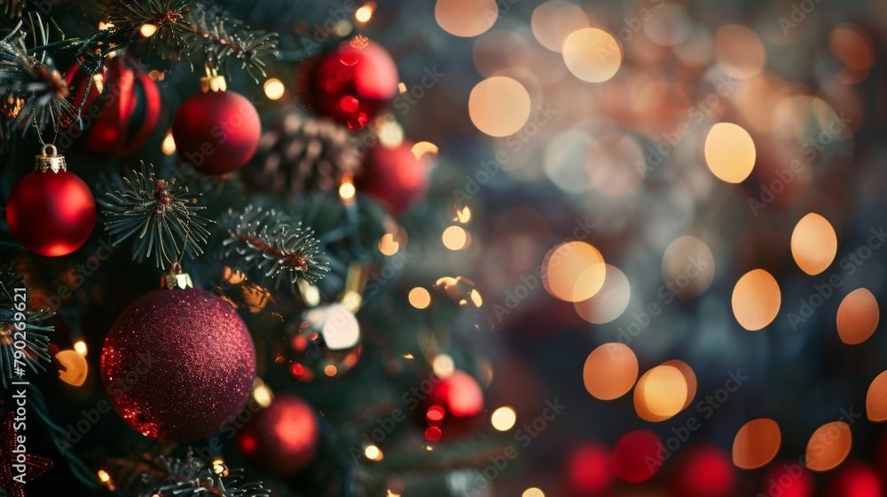 Close-up of Christmas tree decorated with red ornaments and lights Close-up of Christmas tree decorated with red ornaments and lights