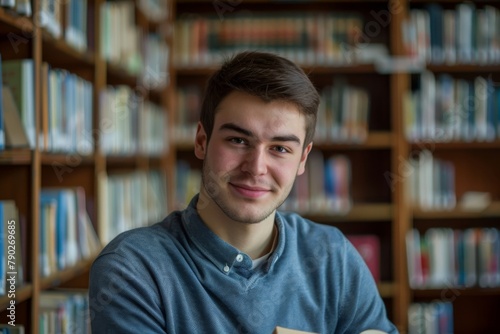 A young man with short hair, dressed in a casual sweater, cheerfully poses in an academic library environment