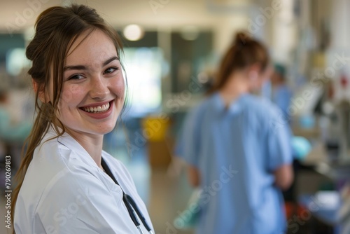 A young woman with a friendly smile, dressed as a medical professional, stands in a hospital with activity in the background