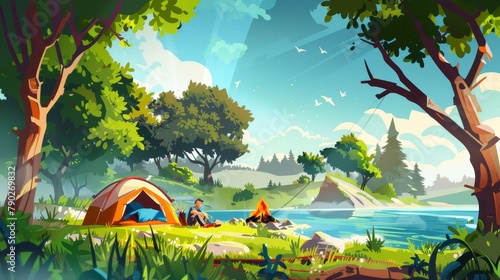 Cartoon illustration of summer camp on lakeshore with sleeping woman and waking man. Trees, grass, river, campsite, bonfire and resting people at sunrise.