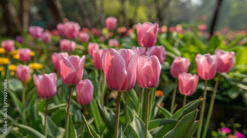 Pink tulips and yellow & pink flowers in garden Pink tulips and yellow & pink flowers in garden