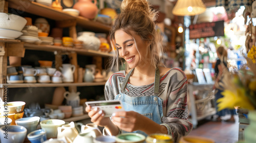 "Smiling woman paying with credit card at pottery shop"