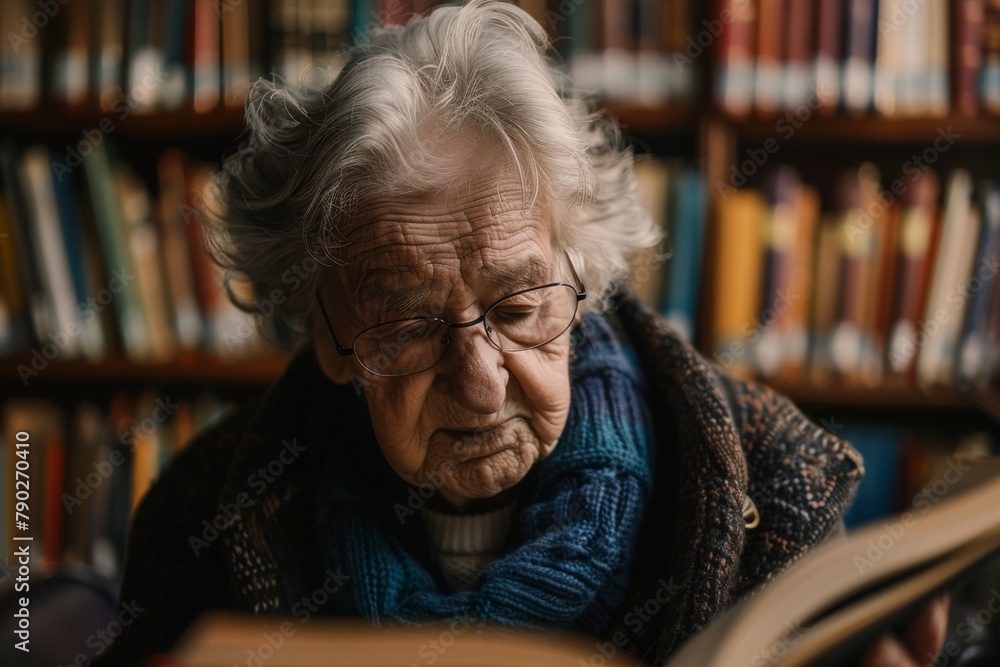 An elderly woman with glasses focused on reading a book, surrounded by a library background An elderly woman with glasses focused on reading a book, surrounded by a library background