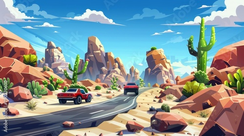 Racing cars on a road with cactus, rocks, and tumbleweeds in the desert. Modern illustration of racing in the desert with sand, mountains, and speedways. photo