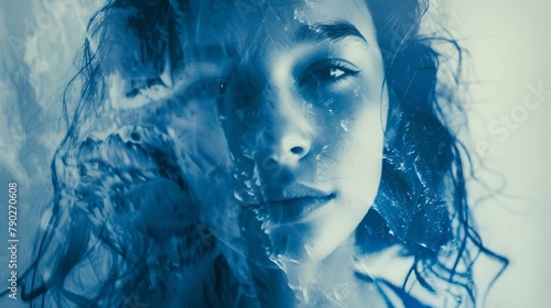 AI generated illustration of a portrait of a young woman in cyanotype technique