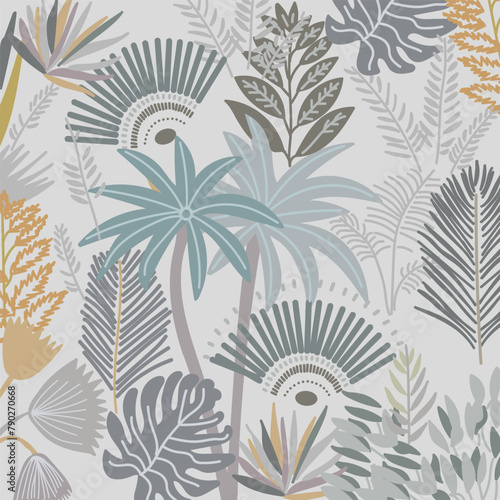 Hand drawn pattern of tropical leaves and plants