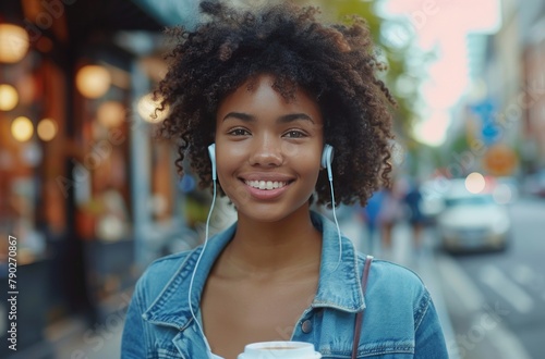 Woman With Headphones Holding Cup of Coffee