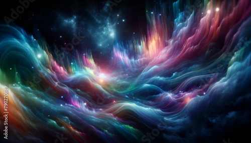 Luminous Waves of Color Perform an Ethereal Dance in the Night. Auroral waves of color shimmer and sway against the darkness, echoing the cosmic music. photo