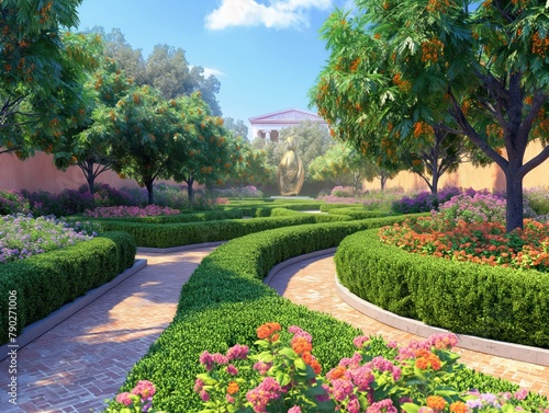 A garden with a brick path and a row of bushes. The bushes are trimmed and green, and there are many flowers in the garden. Scene is peaceful and serene, with the bright colors of the flowers photo