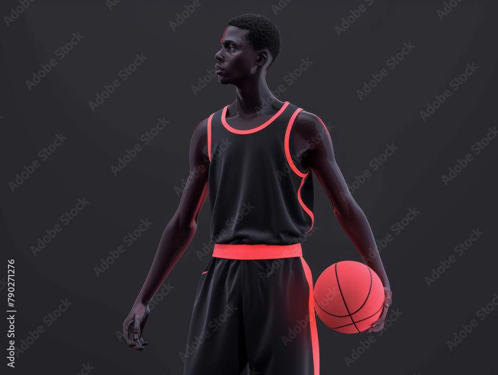 3D illustration of an African American male basketball player in a black uniform holding a ball against a dark background. 3D illustration of an African American male basketball player in a black uniform holding a ball against a dark background.