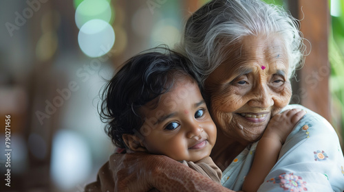 copy space, stockphoto, candid shot of an indian grandmother with her grandchild at home. Family theme, elderly grandmother together with her grandchild. Importance of love between generations. Old an